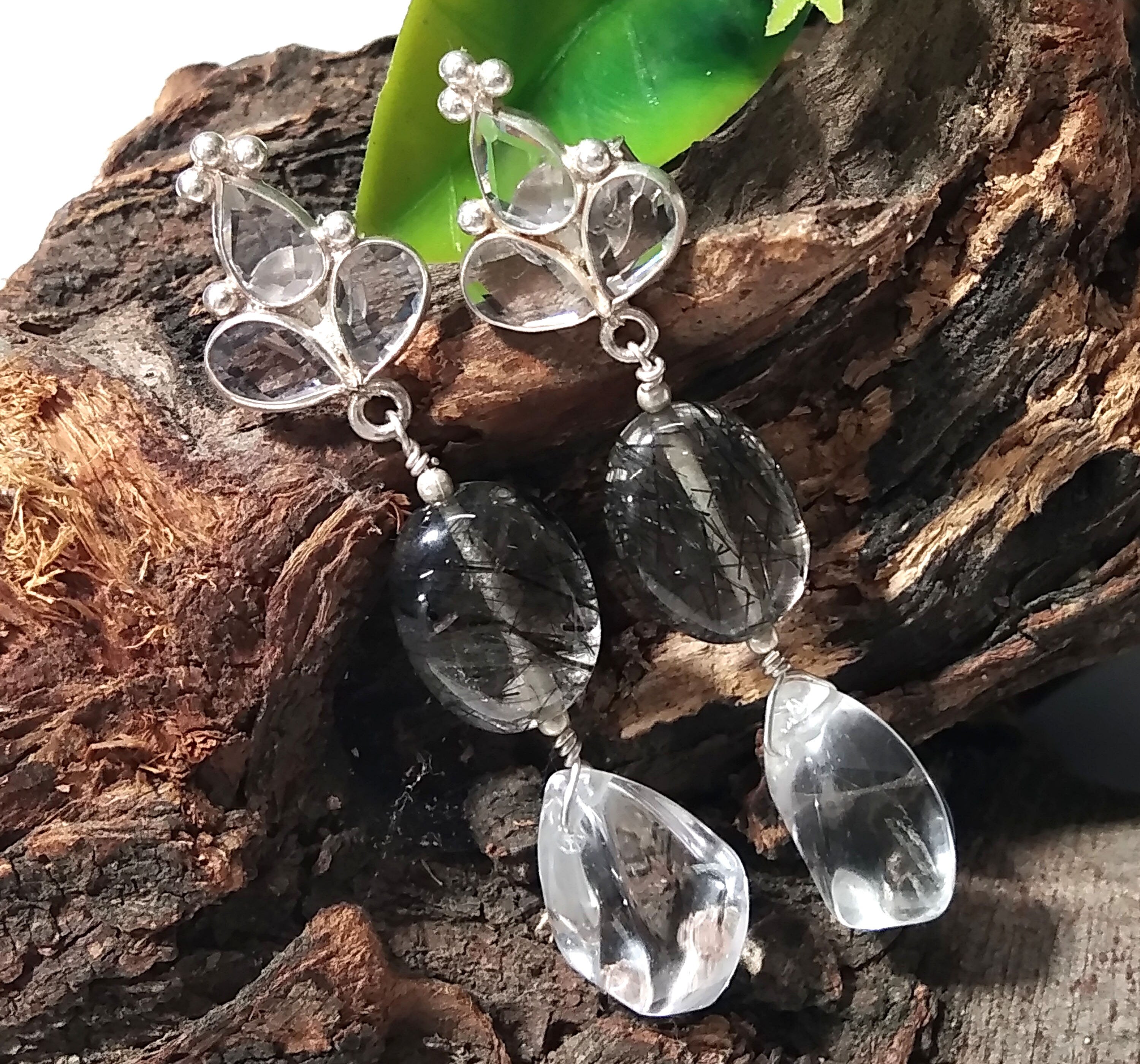 Rutile Quartz/Zircon And Crystal Gemstone Earrings ! 925 Silver With Natural Gemstone Zircon Faceted & Rutile Quartz Earring